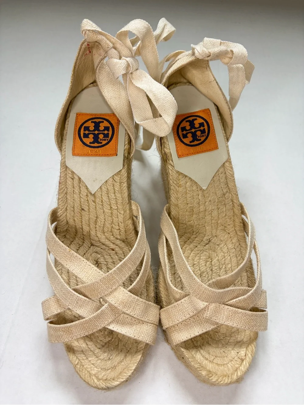Tory Burch Jackie Espadrille Wedge Natural Canvas Lace-Up 9.5 Spain
